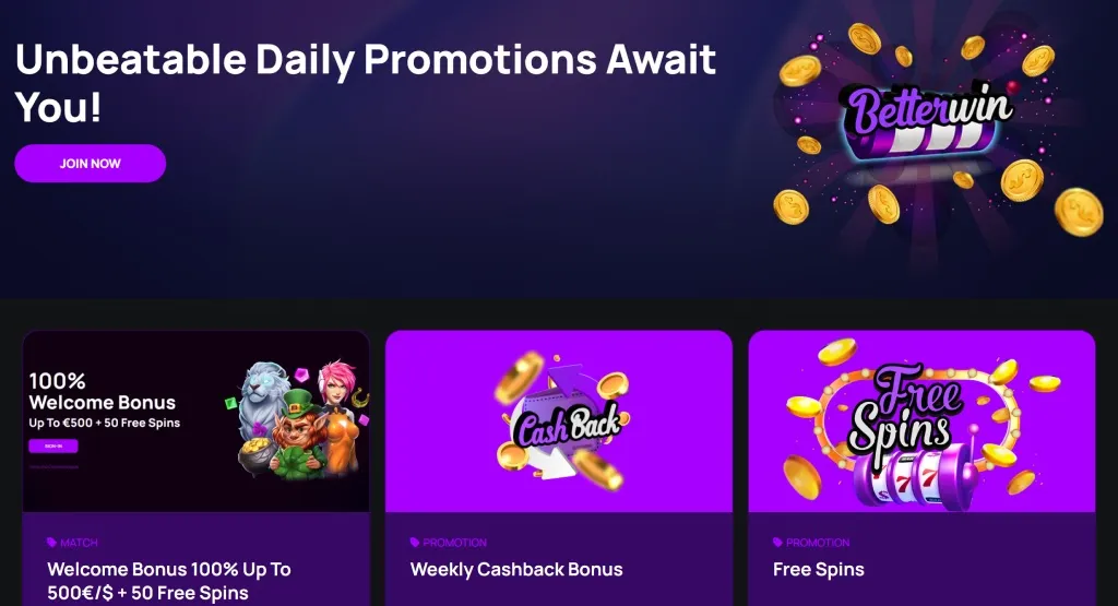 Betterwin online casino promotions section showing Welcome Bonus, Weekly Cashback Bonus, and Free Spins offers with colorful icons and purple-themed background.