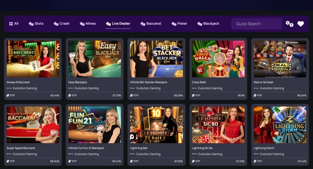 Betterwin live dealer casino games screen featuring Always 8 Baccarat, Easy Blackjack, Infinite Bet Stacker Blackjack, Crazy Balls, Deal or No Deal, Super Speed Baccarat, Infinite Fun 21 Blackjack, Lightning Ball, Lightning Sic Bo, and Lightning Storm, all from Evolution Gaming, with RTP percentages displayed.