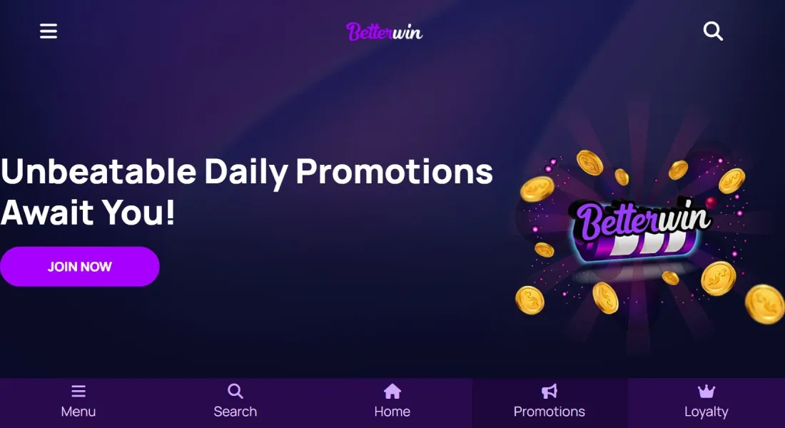 Betterwin promotions header showing text 'Unbeatable Daily Promotions Await You!' with a purple slot machine lever and gold coins bursting out on a dark purple background, with a purple 'Join Now' button below.