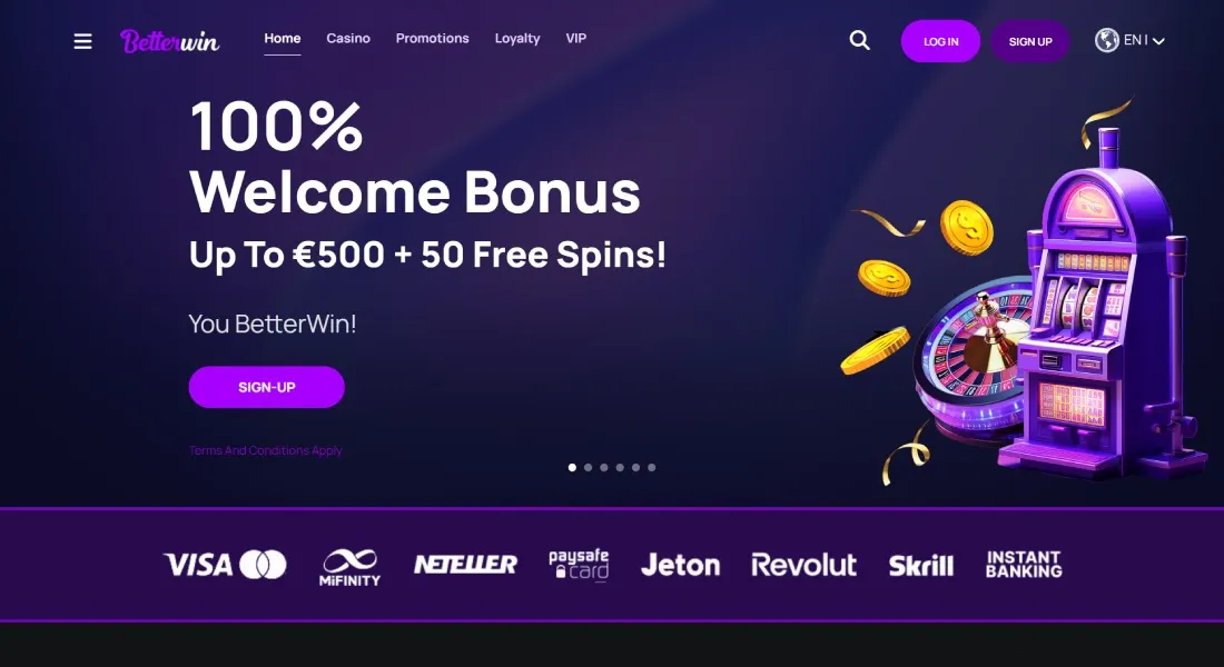 Betterwin homepage banner with 100% Welcome Bonus up to €500 + 50 free spins, featuring a purple slot machine, roulette wheel, and payment method logos.