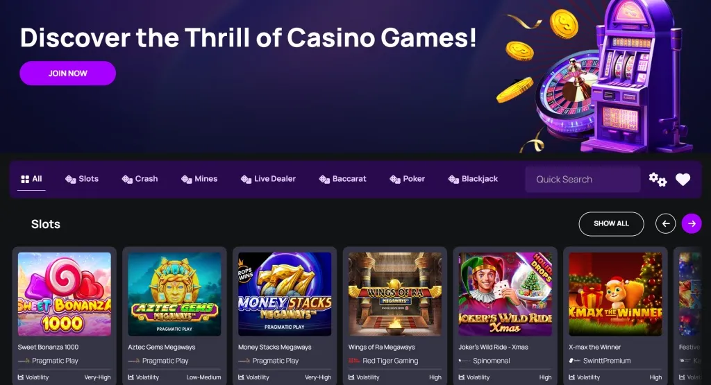 Betterwin online casino games page showing various slot games including Sweet Bonanza 1000, Aztec Gems Megaways, Money Stacks Megaways, Wings of Ra Megaways, Joker’s Wild Ride - Xmas, and X-max the Winner, with provider names and volatility levels displayed.