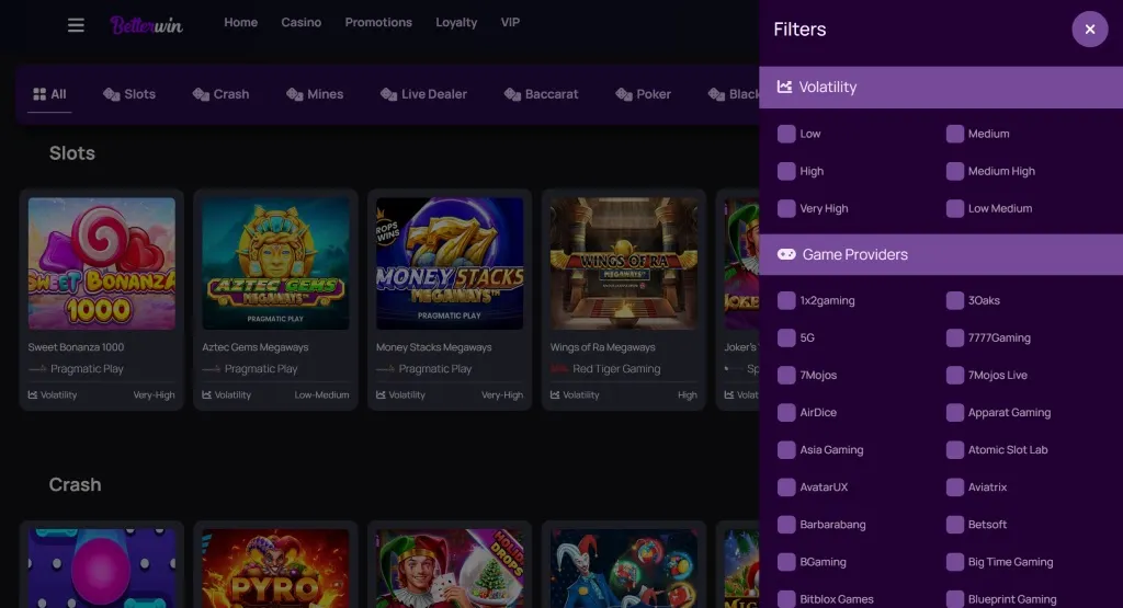 Betterwin casino games page showing a filters panel with options for volatility levels and a long list of game providers including 1x2gaming, 30aks, 5G, 7777Gaming, 7Mojos, AirDice, Apparat Gaming, Asia Gaming, Atomic Slot Lab, AvatarUX, Aviatrix, Barbarabang, Betsoft, BGaming, Big Time Gaming, Bitblox Games, Blueprint Gaming, and more.