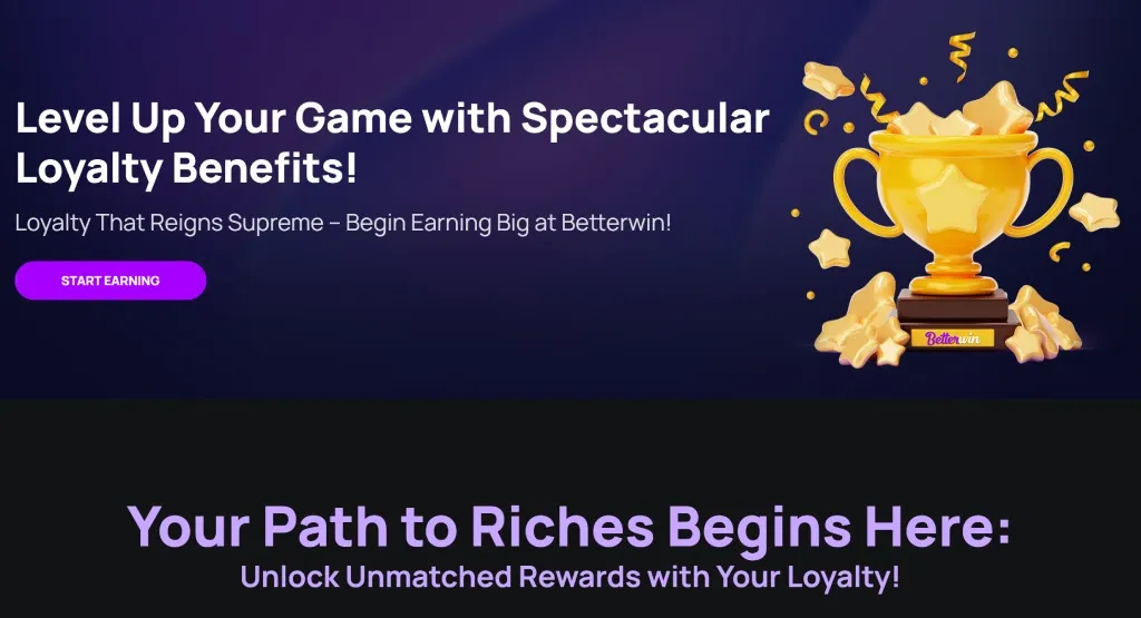 Betterwin loyalty program banner featuring a golden trophy with stars and confetti on a dark purple background, promoting loyalty benefits and rewards.