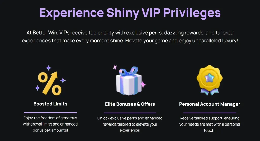 Betterwin VIP section showcasing benefits including boosted withdrawal limits, elite bonuses and offers, and a personal account manager with colorful icons and descriptive text on a dark background.