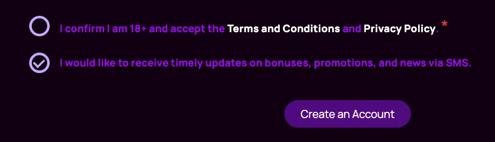 Terms and Conditions confirmation under the signup page on Betterwin Casino.