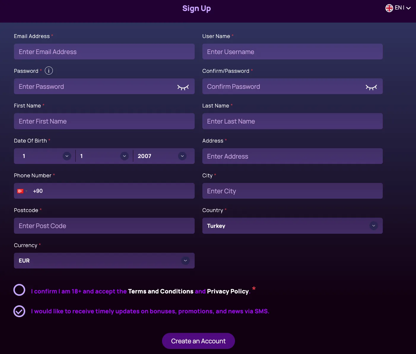 Signing up page on Betterwin casino on a purple background.