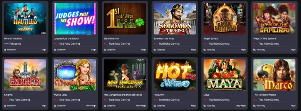 A screenshot of the game selection available at BetterWin Casino.
