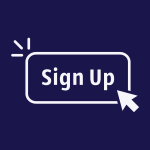 Sign Up button with a cursor icon over a dark blue background.