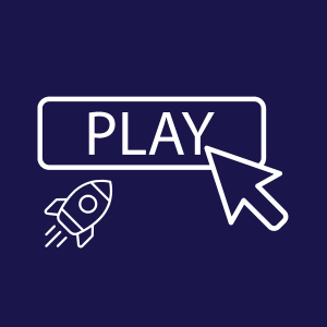 Play button with a rocket launching icon over a blue background.