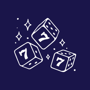 Three illustrated dice in the air showing 777 as a symbol of luck.