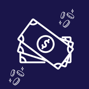 Illustrated money and coins on a dark background.