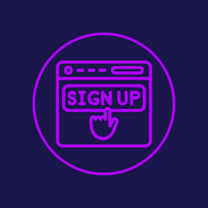 Purple line icon of a sign-up symbol on a dark background, representing user registration or account creation.