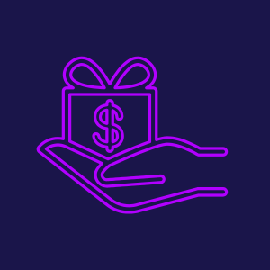 A hand holds a gift box adorned with a dollar sign, symbolizing a bonus.