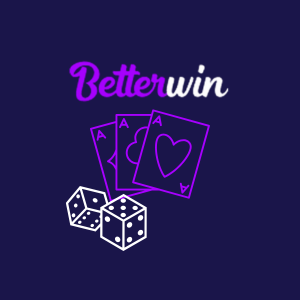 Purple and white BetterWin Casino’s logo on a dark background with dice and cards.