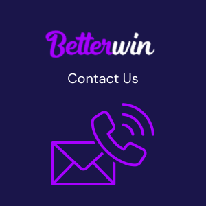 A dark background with the Betterwin logo at the top, the text "Contact Us" in the middle, and icons of a ringing phone and an email envelope at the bottom.