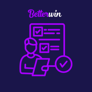 Alt text: A dark background with the Betterwin logo at the top. Below it, an icon of a person holding a checklist, with another list of items and a floating checkmark icon.