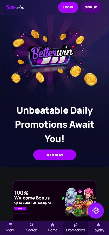 The Betterwin Casino homepage viewed on iPhone 14 Pro Max