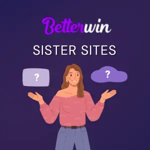 A woman stands under the Betterwin logo with a question mark on each side.