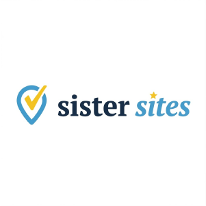 Sister sites logo with a checkmark icon and blue text on a light background.